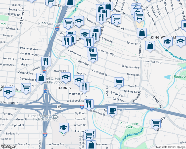 map of restaurants, bars, coffee shops, grocery stores, and more near 106 East Lambert Street in San Antonio
