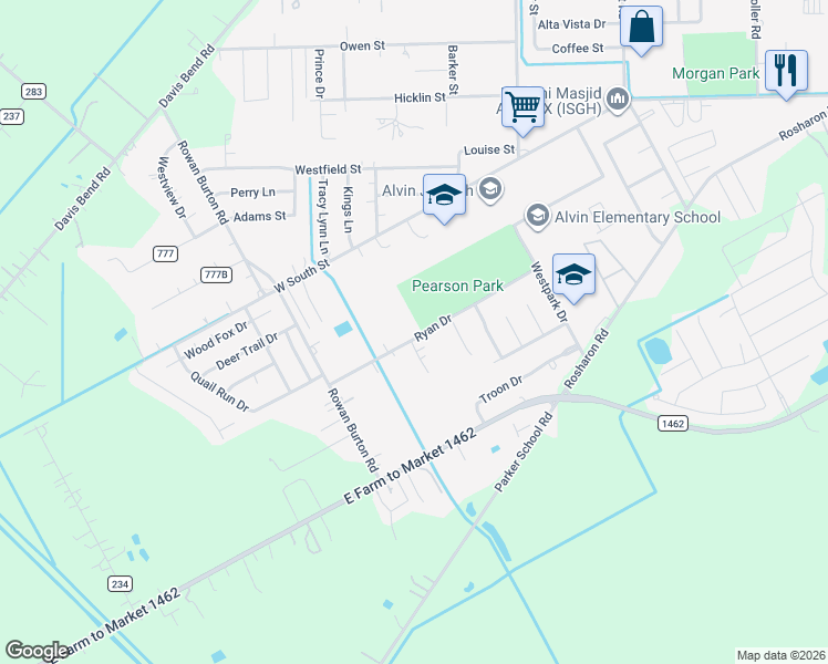 map of restaurants, bars, coffee shops, grocery stores, and more near 2379-2463 Ryan Drive in Alvin