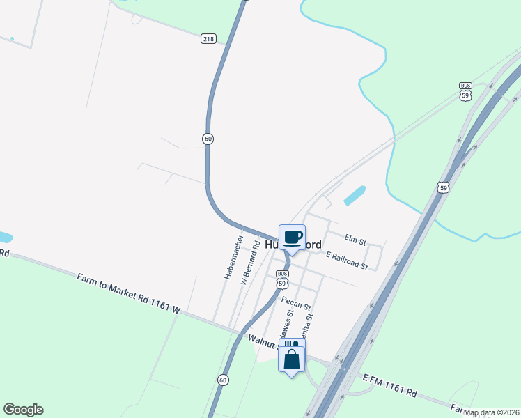 map of restaurants, bars, coffee shops, grocery stores, and more near 214 Texas 60 in Hungerford