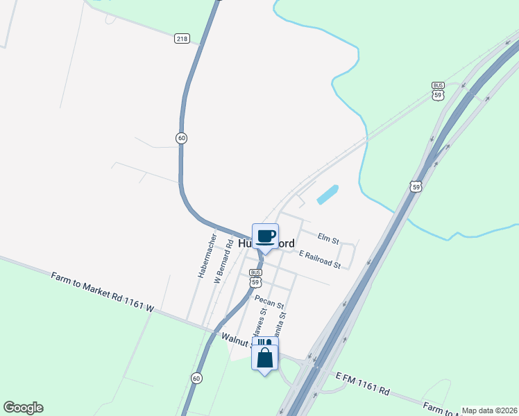 map of restaurants, bars, coffee shops, grocery stores, and more near 214 Texas 60 in Hungerford