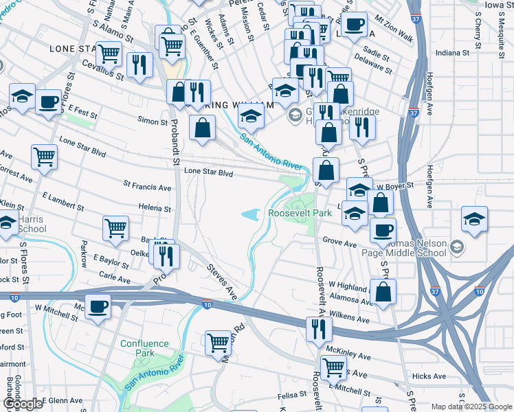 map of restaurants, bars, coffee shops, grocery stores, and more near in San Antonio