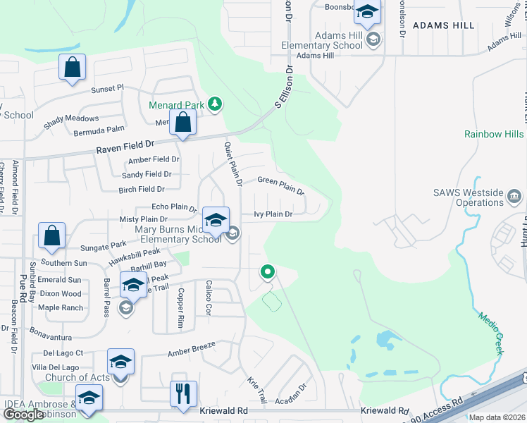 map of restaurants, bars, coffee shops, grocery stores, and more near 2930 Broad Plain Drive in San Antonio