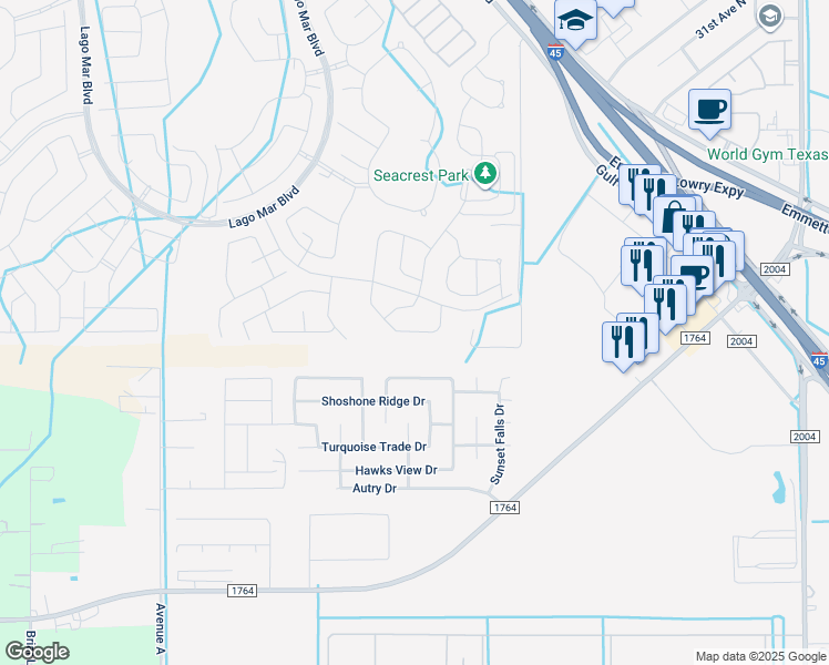 map of restaurants, bars, coffee shops, grocery stores, and more near Bowline Road in La Marque