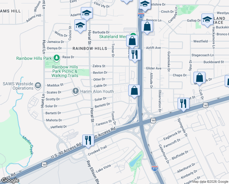 map of restaurants, bars, coffee shops, grocery stores, and more near 500 Tomar Drive in San Antonio