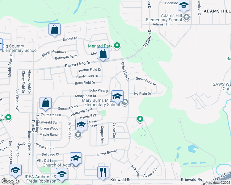 map of restaurants, bars, coffee shops, grocery stores, and more near 2945 Moss Plain Drive in San Antonio