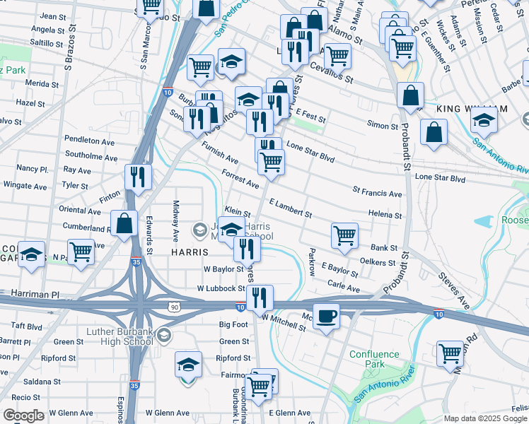 map of restaurants, bars, coffee shops, grocery stores, and more near 106 East Lambert Street in San Antonio