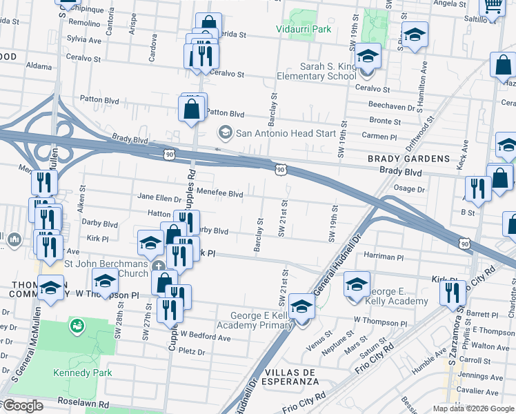 map of restaurants, bars, coffee shops, grocery stores, and more near 1506 Barclay Street in San Antonio