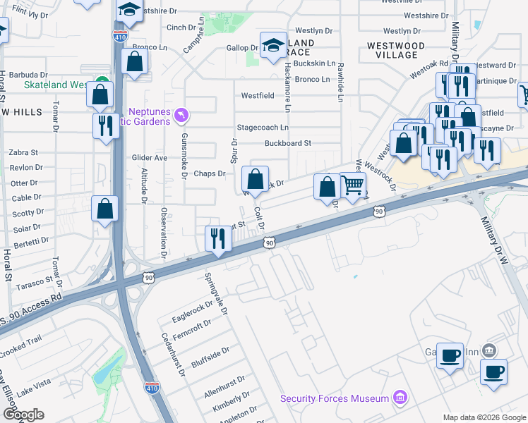 map of restaurants, bars, coffee shops, grocery stores, and more near 2903 Colt Drive in San Antonio