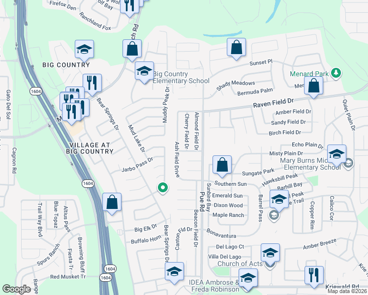 map of restaurants, bars, coffee shops, grocery stores, and more near 2879 Cherry Field Drive in San Antonio