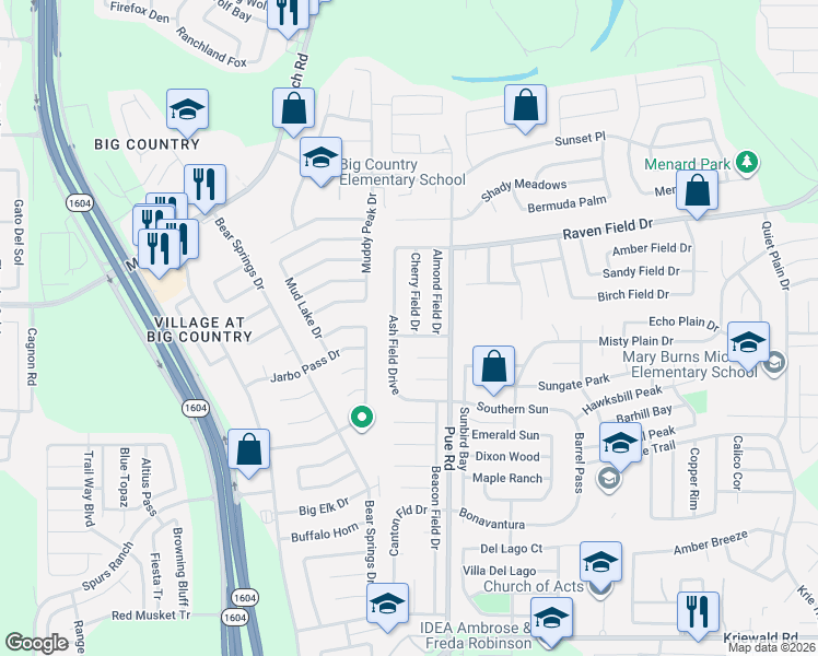 map of restaurants, bars, coffee shops, grocery stores, and more near 2879 Cherry Field Drive in San Antonio