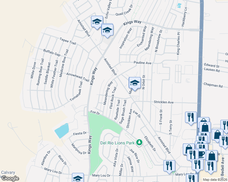 map of restaurants, bars, coffee shops, grocery stores, and more near 93 Flint Rock Trail in Del Rio
