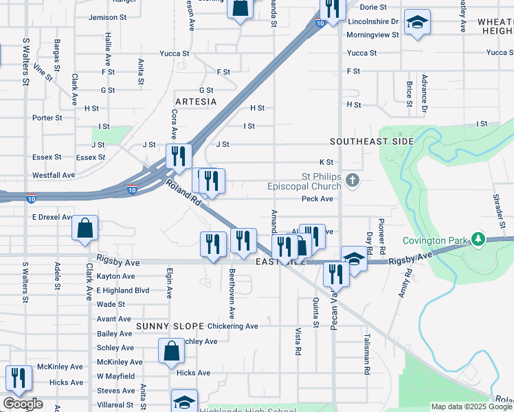 map of restaurants, bars, coffee shops, grocery stores, and more near 1630 Peck Avenue in San Antonio
