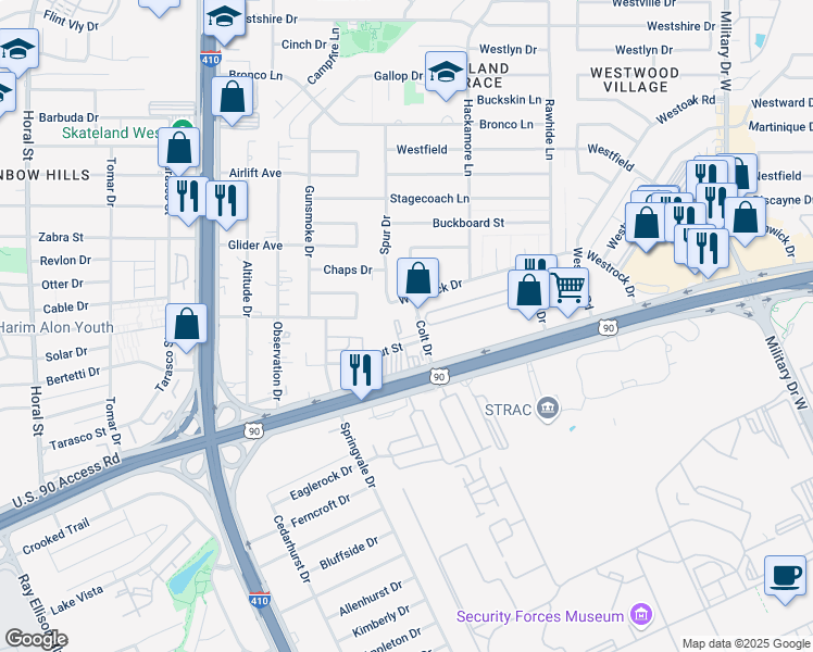 map of restaurants, bars, coffee shops, grocery stores, and more near 2903 Colt Drive in San Antonio