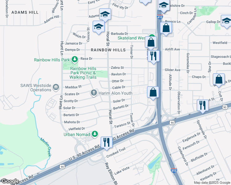 map of restaurants, bars, coffee shops, grocery stores, and more near 326 Cable Drive in San Antonio