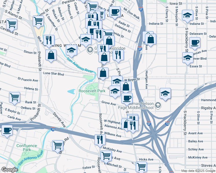 map of restaurants, bars, coffee shops, grocery stores, and more near 217 Lowell Street in San Antonio