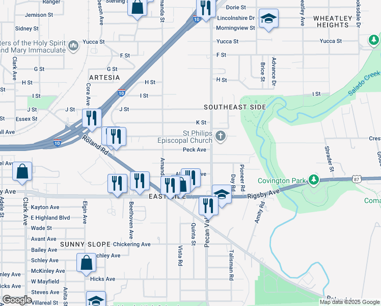 map of restaurants, bars, coffee shops, grocery stores, and more near 1806 Peck Avenue in San Antonio