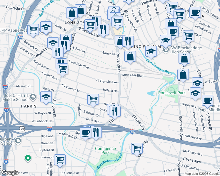 map of restaurants, bars, coffee shops, grocery stores, and more near 366 Saint Francis Avenue in San Antonio