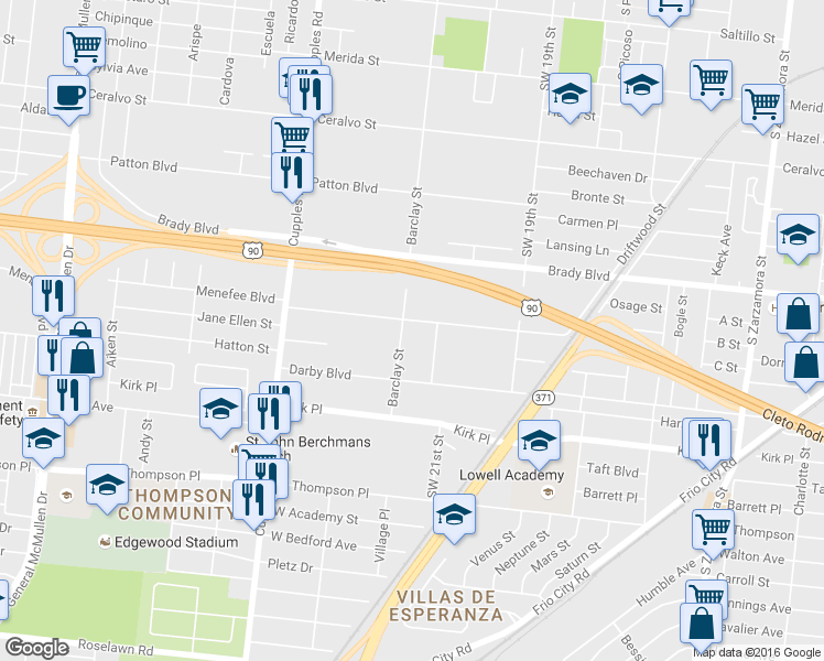 map of restaurants, bars, coffee shops, grocery stores, and more near 1506 Barclay Street in San Antonio