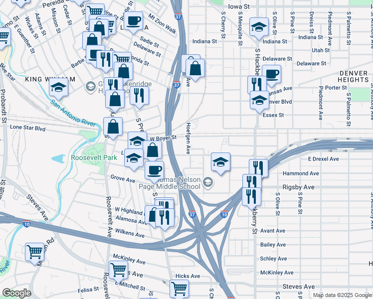 map of restaurants, bars, coffee shops, grocery stores, and more near 1531 Hoefgen Avenue in San Antonio