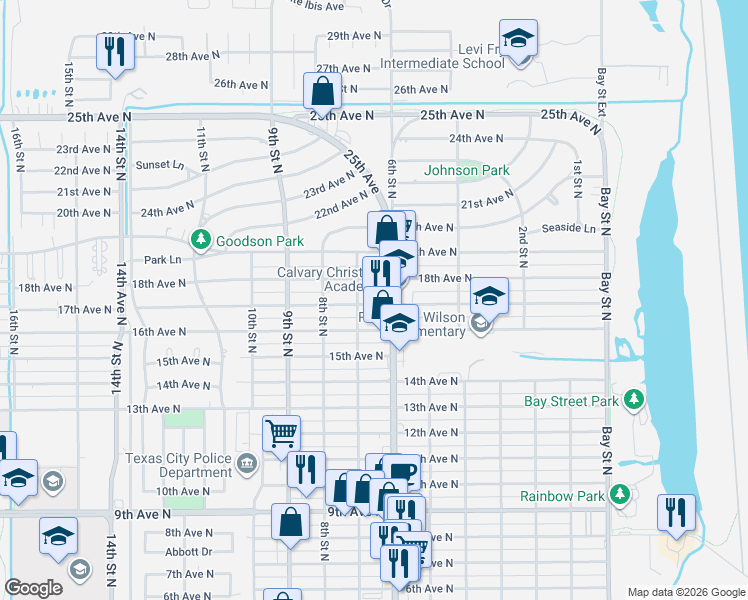 map of restaurants, bars, coffee shops, grocery stores, and more near 616 17th Avenue North in Texas City