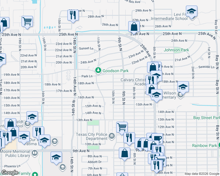 map of restaurants, bars, coffee shops, grocery stores, and more near 1014 17th Avenue North in Texas City