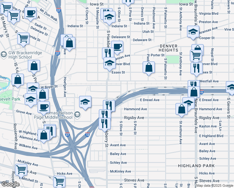 map of restaurants, bars, coffee shops, grocery stores, and more near 134 East High Avenue in San Antonio