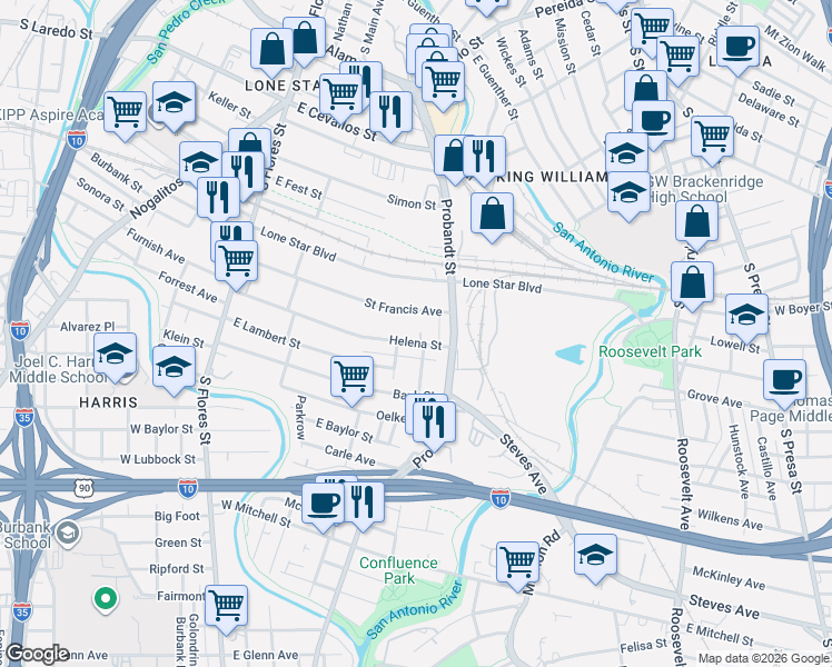map of restaurants, bars, coffee shops, grocery stores, and more near 366 Saint Francis Avenue in San Antonio