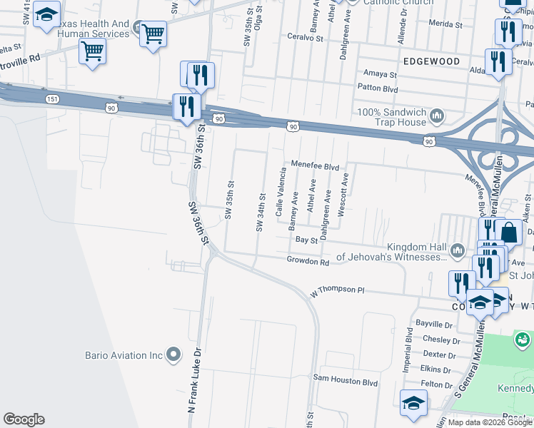map of restaurants, bars, coffee shops, grocery stores, and more near 2618 Southwest 34th Street in San Antonio