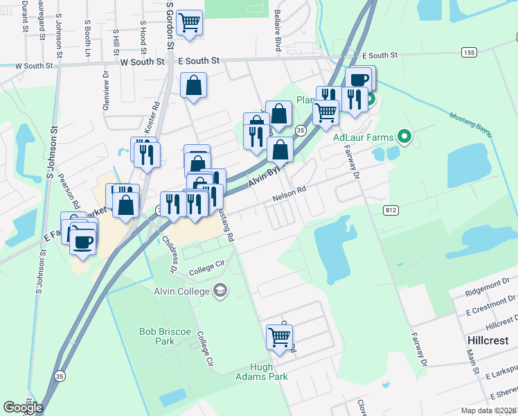 map of restaurants, bars, coffee shops, grocery stores, and more near 2701 Tallow Street in Alvin