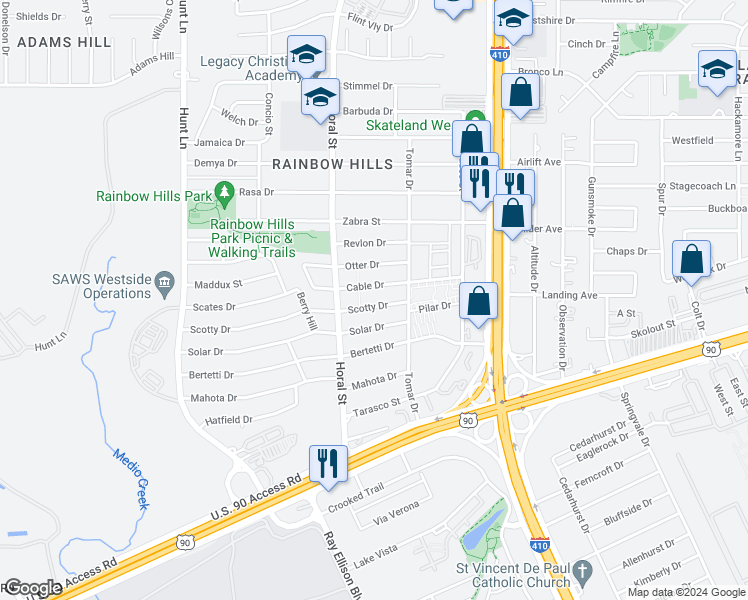 map of restaurants, bars, coffee shops, grocery stores, and more near 327 Scotty Drive in San Antonio