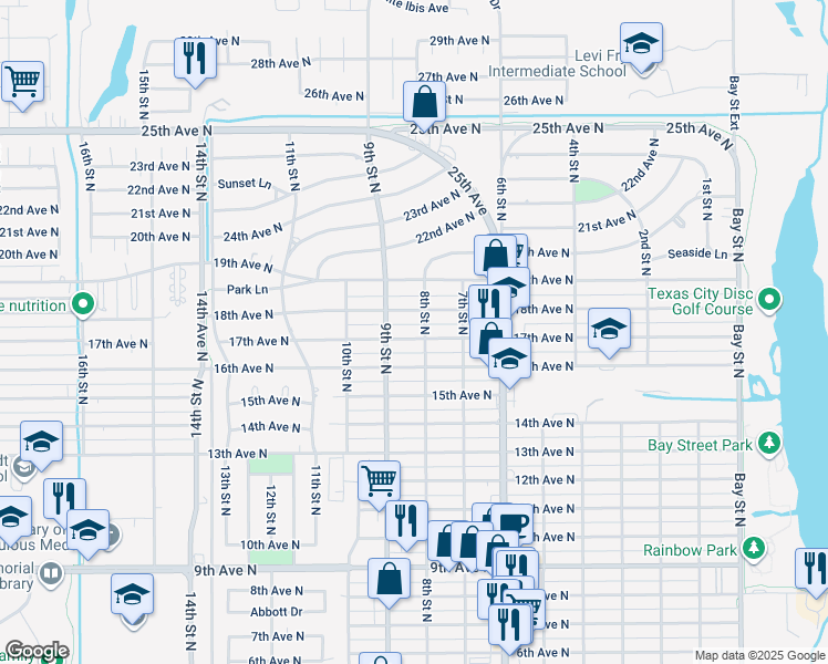 map of restaurants, bars, coffee shops, grocery stores, and more near 806 17th Avenue North in Texas City