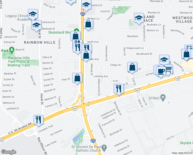 map of restaurants, bars, coffee shops, grocery stores, and more near 8100 Landing Avenue in San Antonio