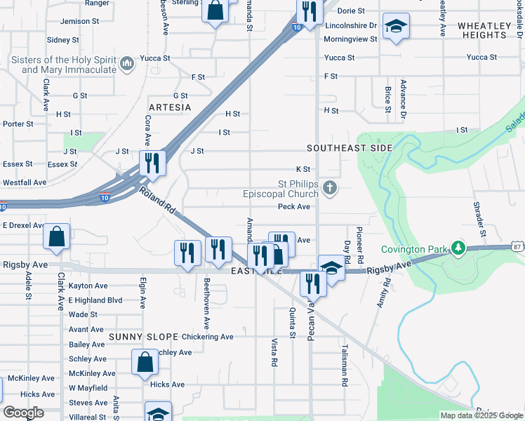 map of restaurants, bars, coffee shops, grocery stores, and more near 1714 Peck Avenue in San Antonio