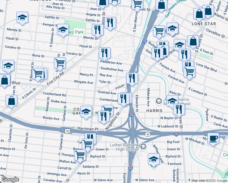 map of restaurants, bars, coffee shops, grocery stores, and more near 163 Oriental Avenue in San Antonio