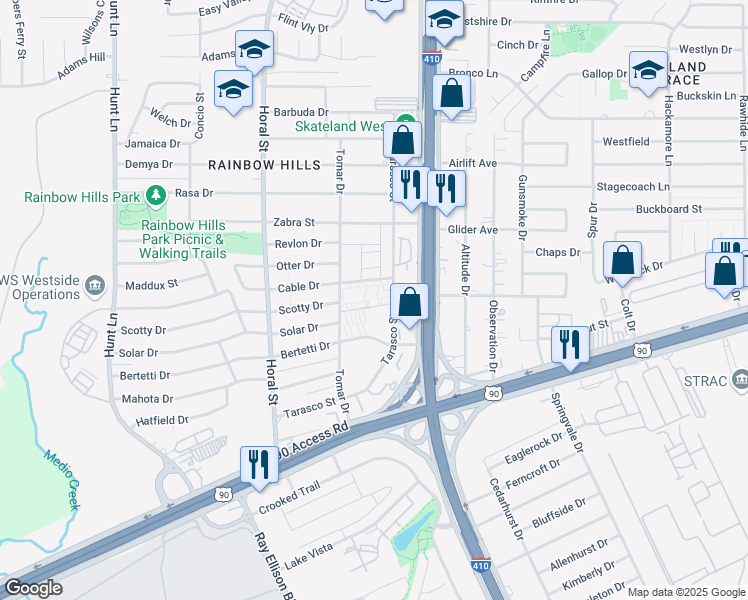 map of restaurants, bars, coffee shops, grocery stores, and more near 25 Pilar Drive in San Antonio