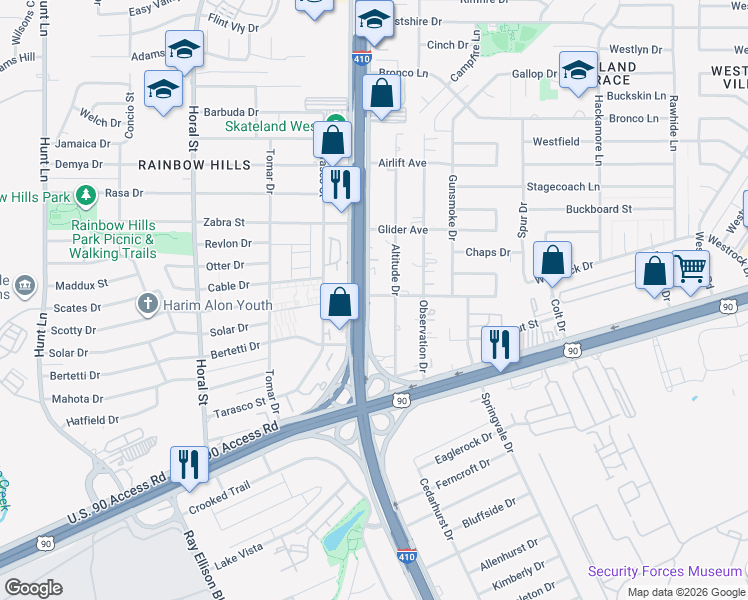 map of restaurants, bars, coffee shops, grocery stores, and more near 2802 Southwest Loop 410 in San Antonio