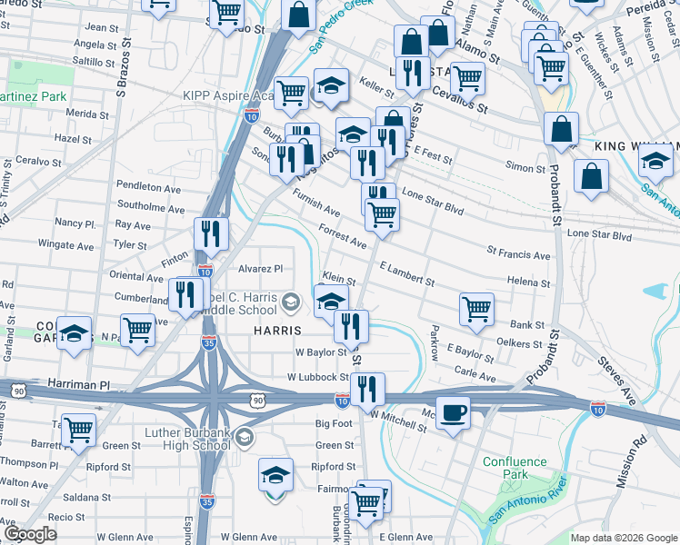 map of restaurants, bars, coffee shops, grocery stores, and more near 110 Benava Street in San Antonio