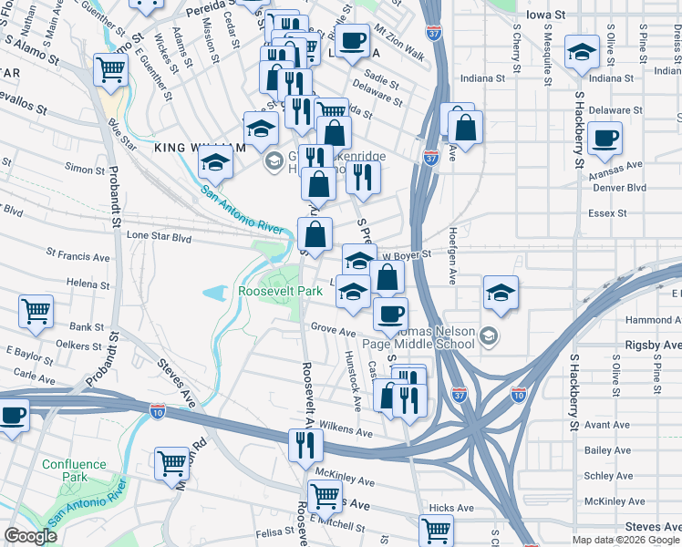 map of restaurants, bars, coffee shops, grocery stores, and more near 211 Hunstock Avenue in San Antonio