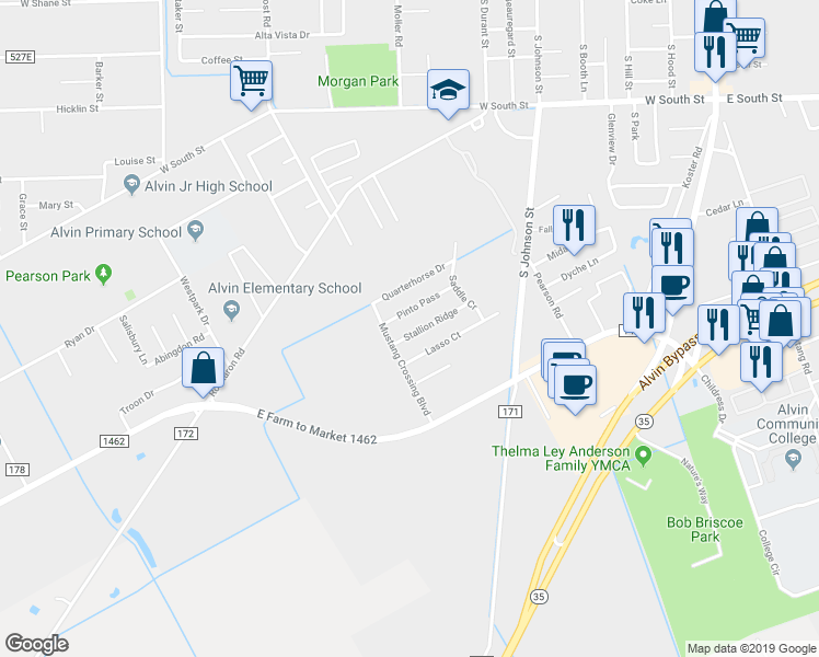 map of restaurants, bars, coffee shops, grocery stores, and more near 1210 Stallion Ridge in Alvin
