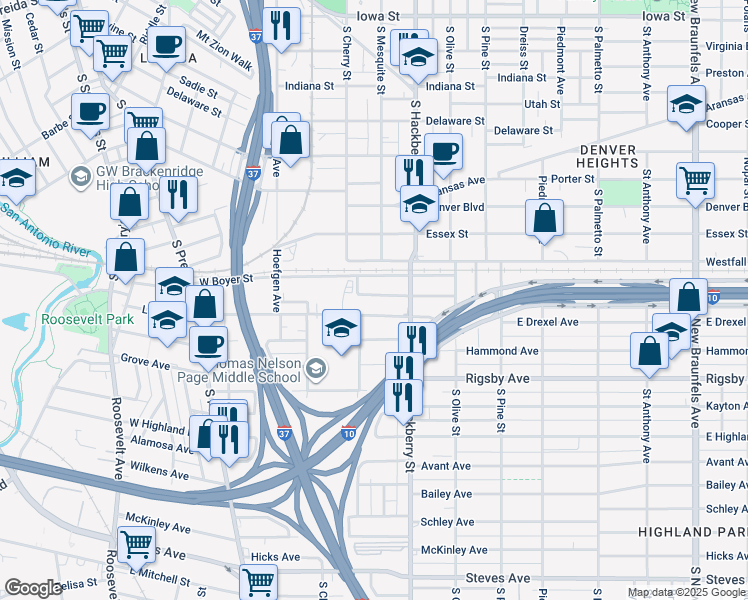 map of restaurants, bars, coffee shops, grocery stores, and more near 218 West High Avenue in San Antonio
