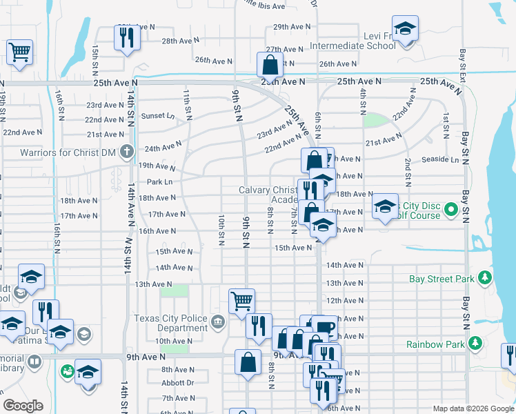 map of restaurants, bars, coffee shops, grocery stores, and more near 812 17th Ave N in Texas City
