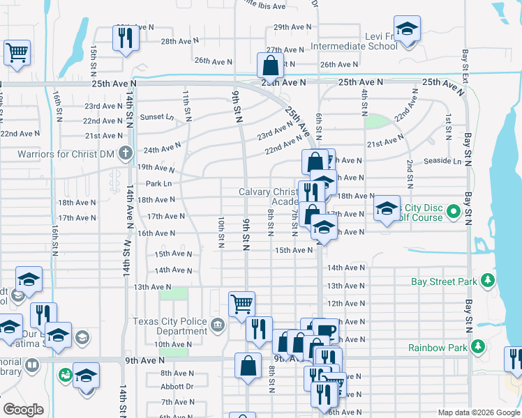 map of restaurants, bars, coffee shops, grocery stores, and more near 812 17th Avenue North in Texas City