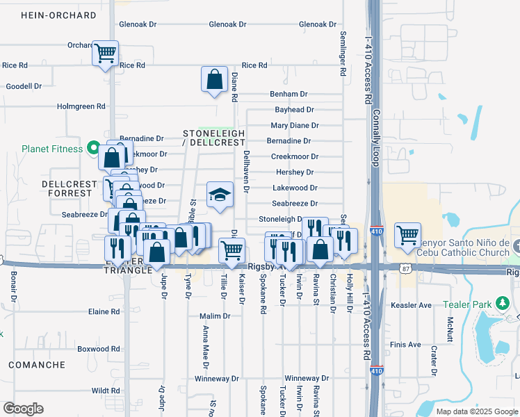 map of restaurants, bars, coffee shops, grocery stores, and more near 4902 Seabreeze Drive in San Antonio