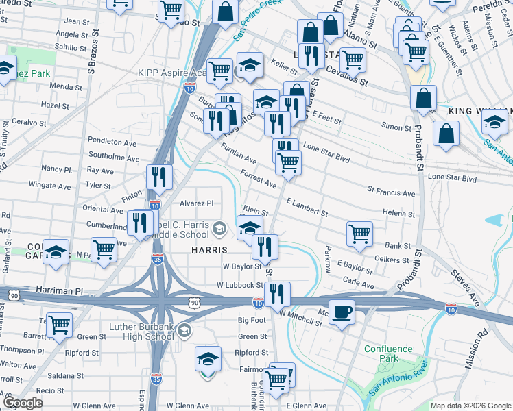 map of restaurants, bars, coffee shops, grocery stores, and more near 110 Benava Street in San Antonio