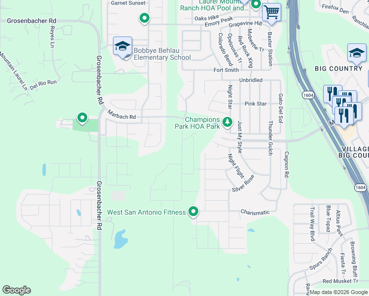 map of restaurants, bars, coffee shops, grocery stores, and more near Marbach Road in San Antonio