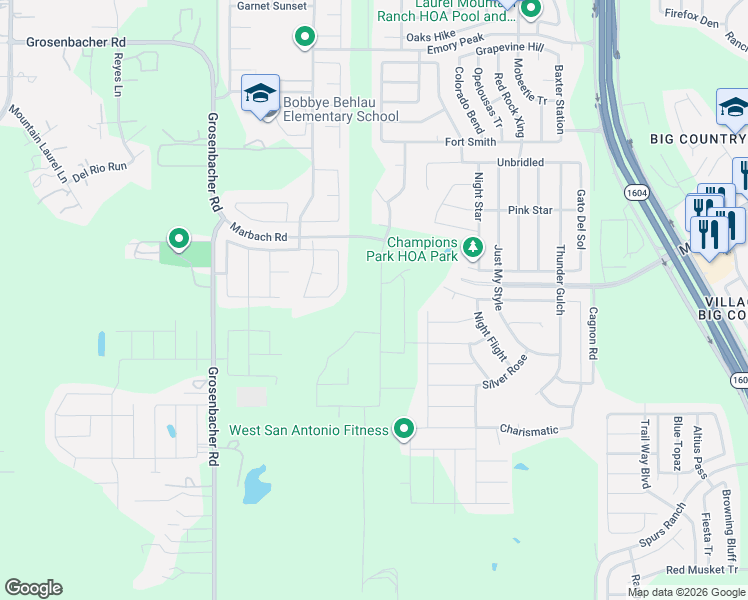 map of restaurants, bars, coffee shops, grocery stores, and more near Marbach Road in San Antonio