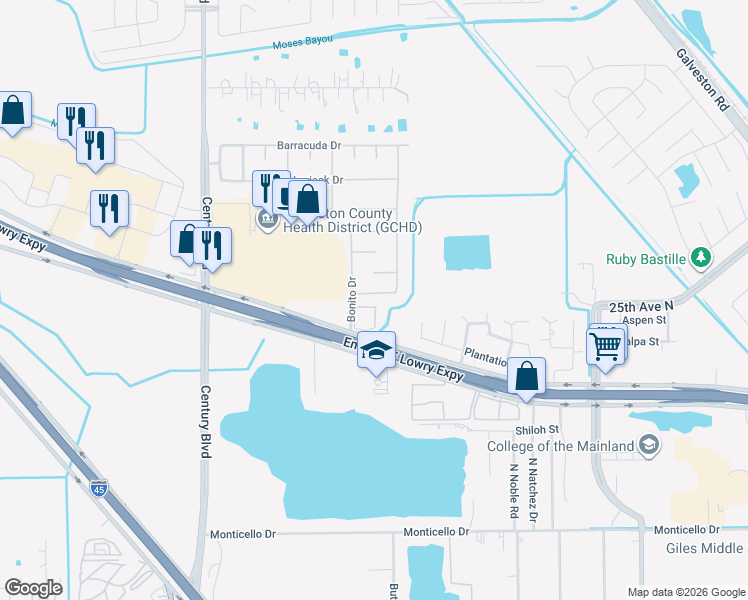 map of restaurants, bars, coffee shops, grocery stores, and more near 9115 Blue Crab Drive in Texas City