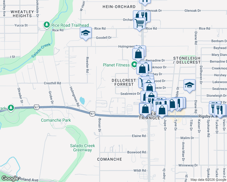 map of restaurants, bars, coffee shops, grocery stores, and more near 4406 Jamestown Drive in San Antonio