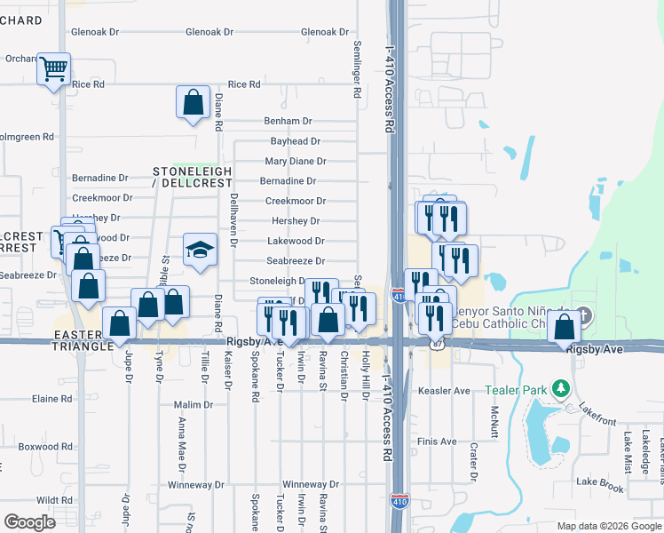 map of restaurants, bars, coffee shops, grocery stores, and more near 5038 Seabreeze Drive in San Antonio