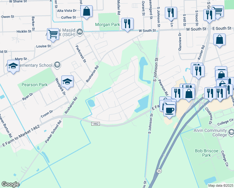 map of restaurants, bars, coffee shops, grocery stores, and more near 1309 Pinto Pass in Alvin